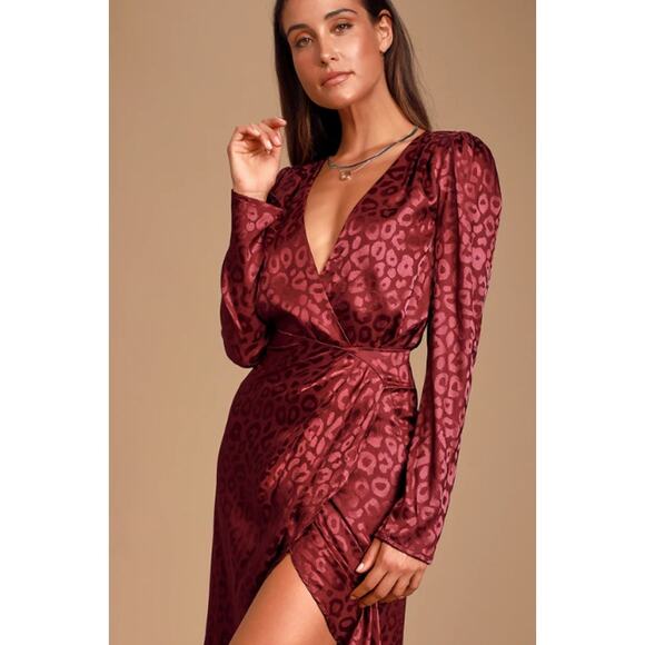 Lulus Other - LULUS Wild Times Burgundy Leopard Satin Long Sleeve Bodysuit & Skirt Set Size M